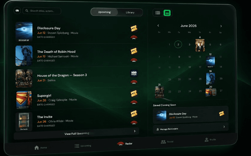 Release Radar app showing upcoming releases and a release calendar
