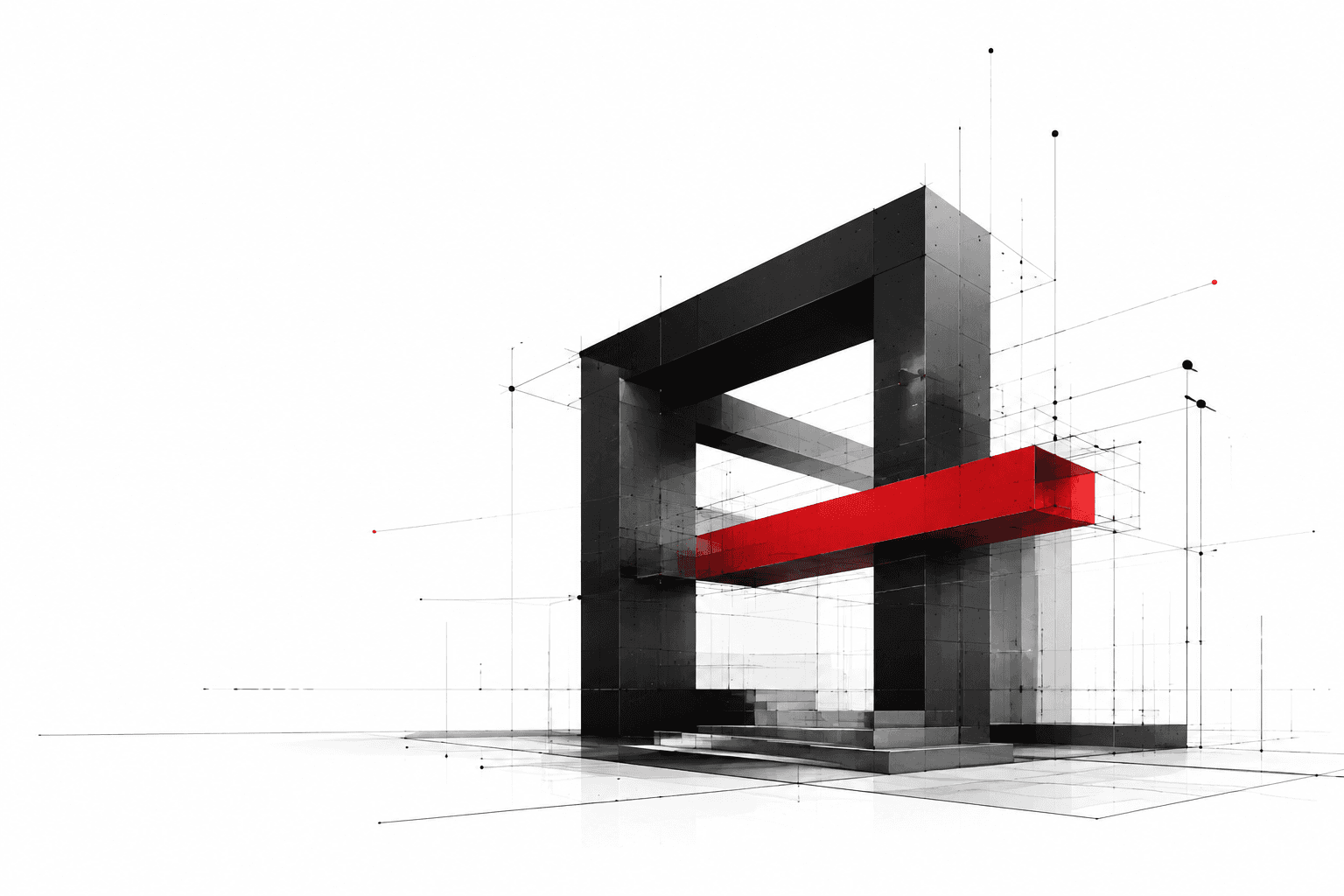 Abstract black architectural frame with a red structural beam and technical construction lines